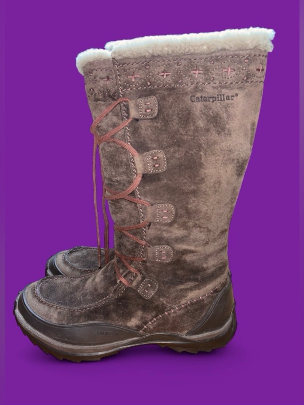 Caterpillar Women's Brown Suede Lace-Up Tall Winter Boots with Shearling Trim